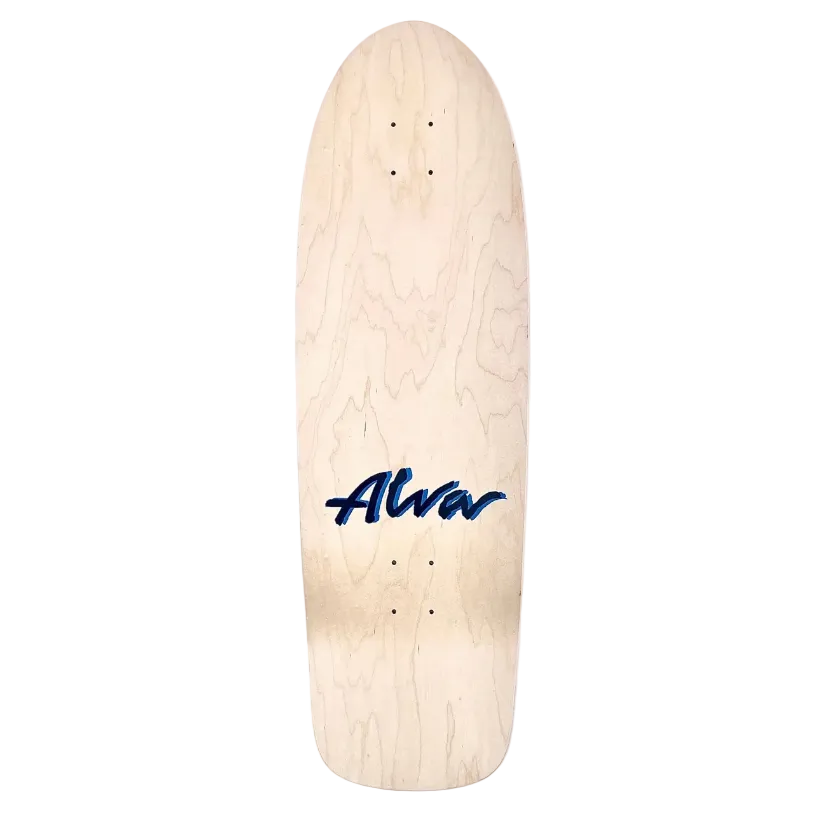 Wooden skateboard deck with 'Alva' branding on a white background