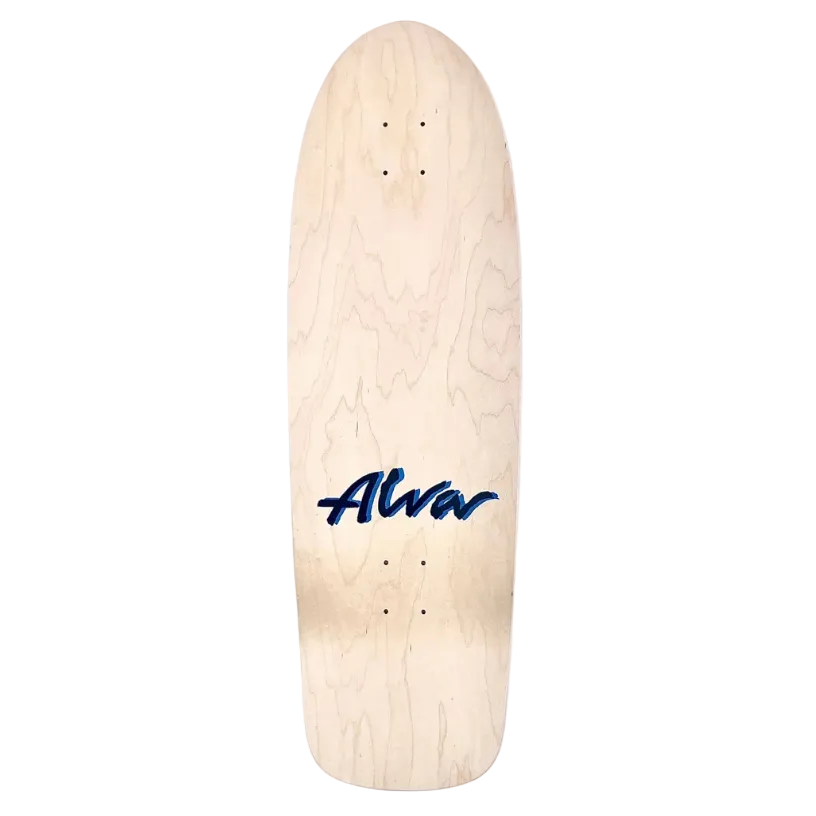 Plain wooden skateboard deck with 'Alvar' branding on a white background