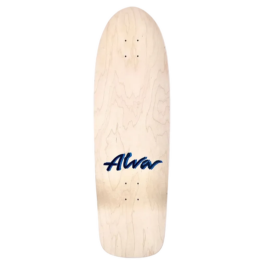 Plain wooden skateboard deck with 'Alvar' branding on a white background