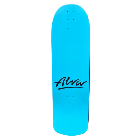 Blue skateboard deck with 'Alva' logo on a white background