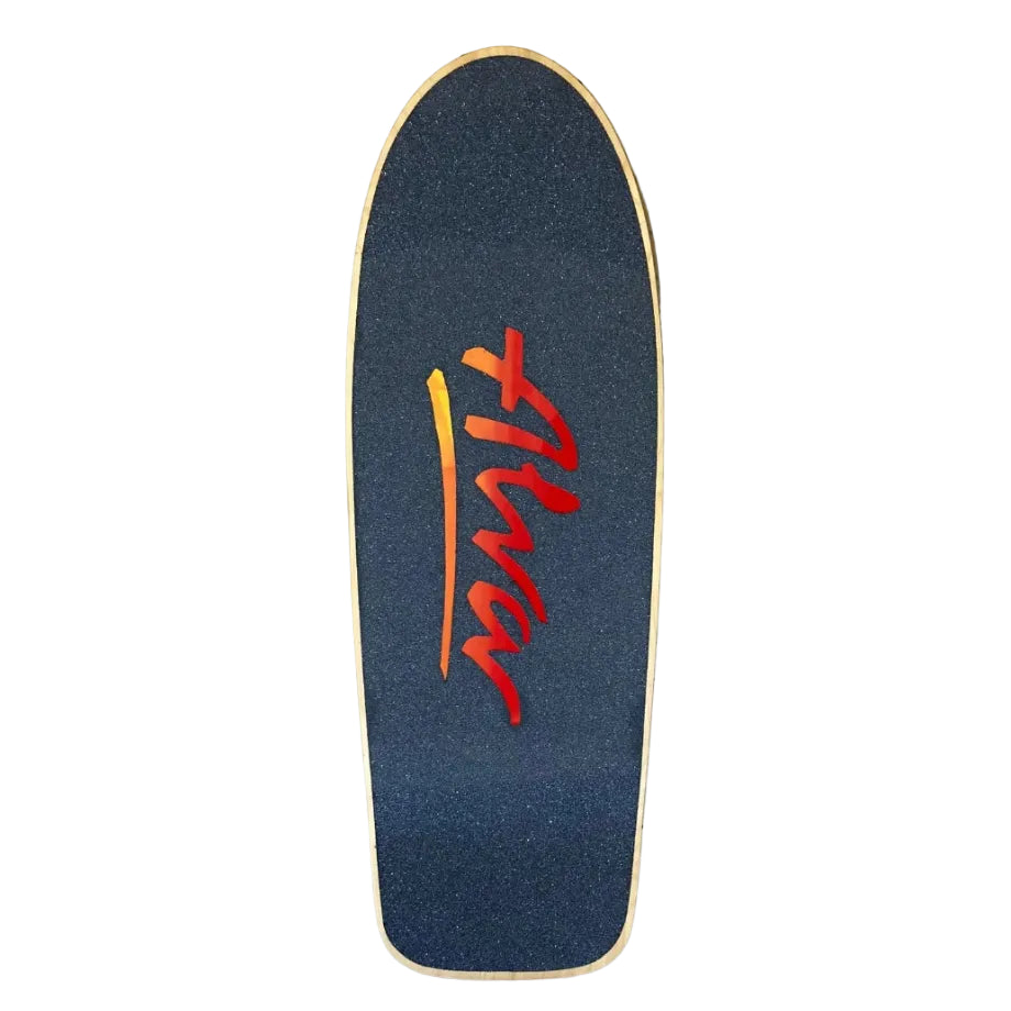 Skateboard deck with a red and yellow logo on a white background