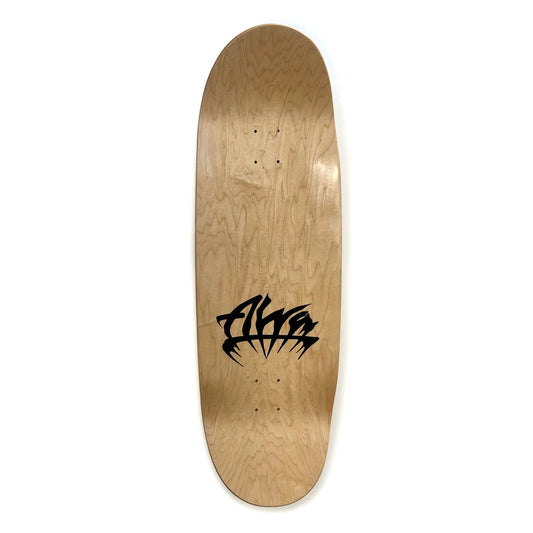 Wooden skateboard deck with a black logo on a white background