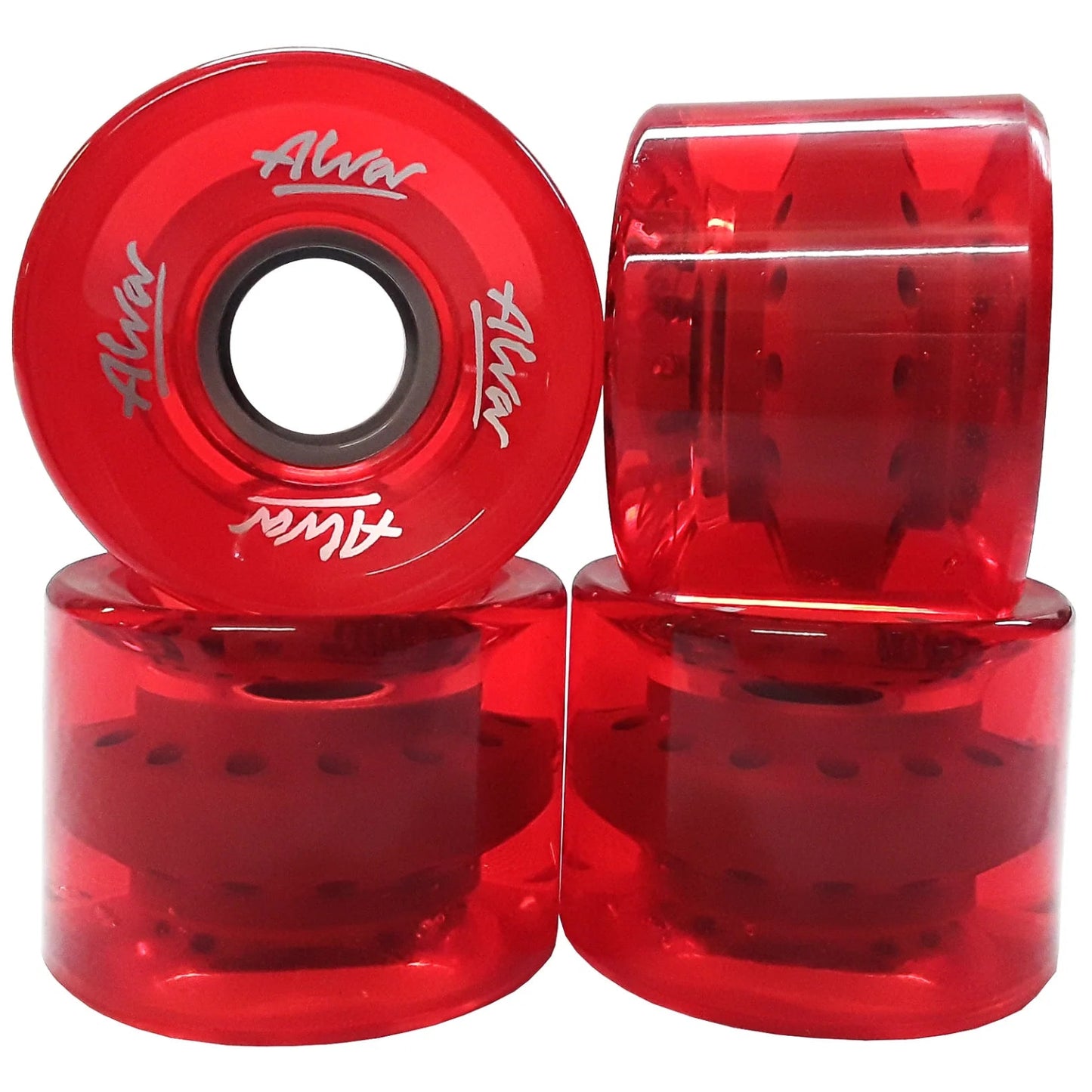 Red skateboard wheels with transparent centers and Alva branding on a white background