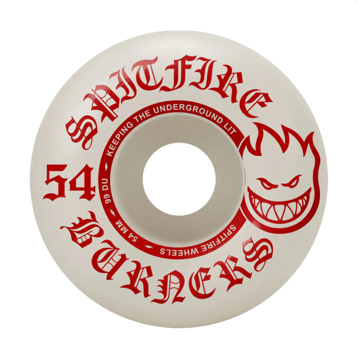 Spitfire skateboard wheel with red text and logo on a white background