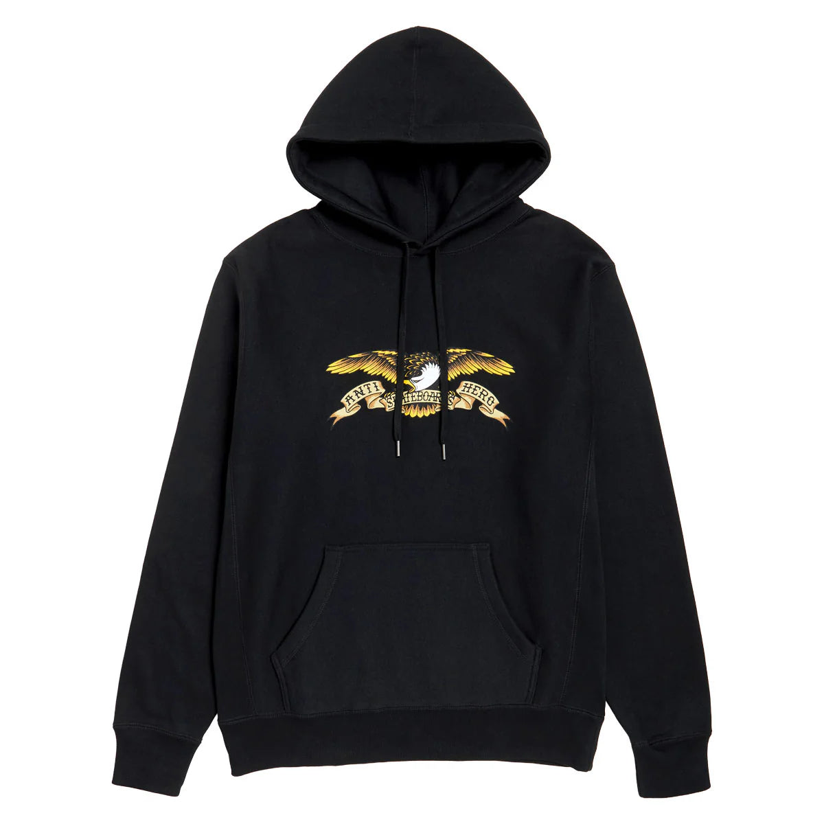 Black hoodie with gold eagle design on a white background