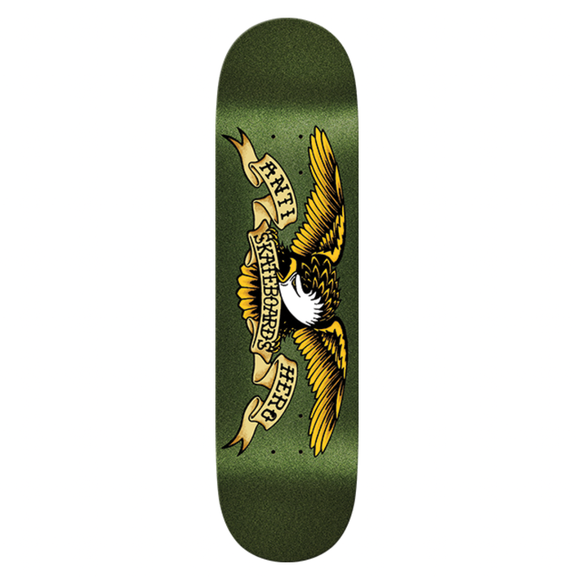 Skateboard deck with an eagle design on a green background