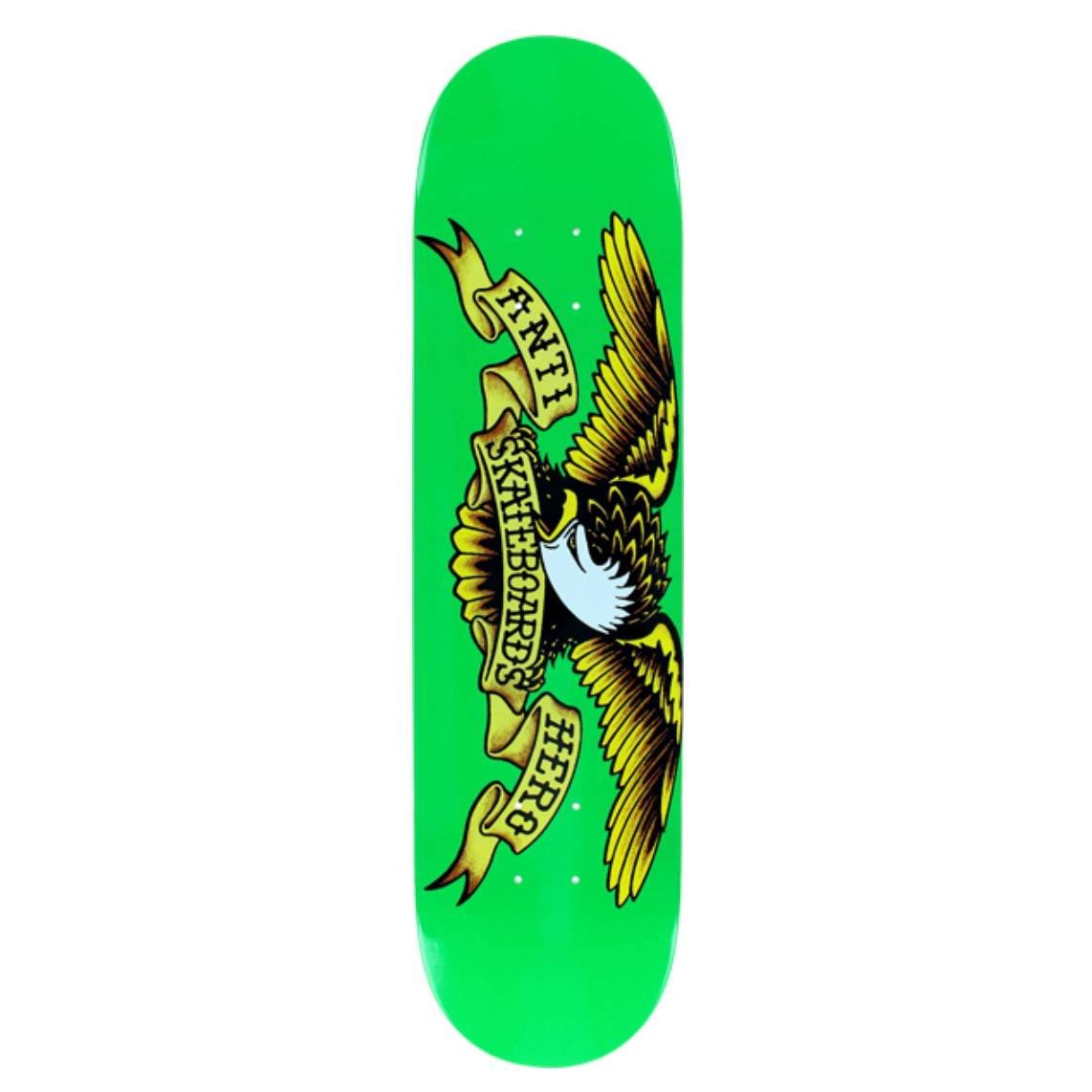 Green skateboard deck with a bird graphic on a white background