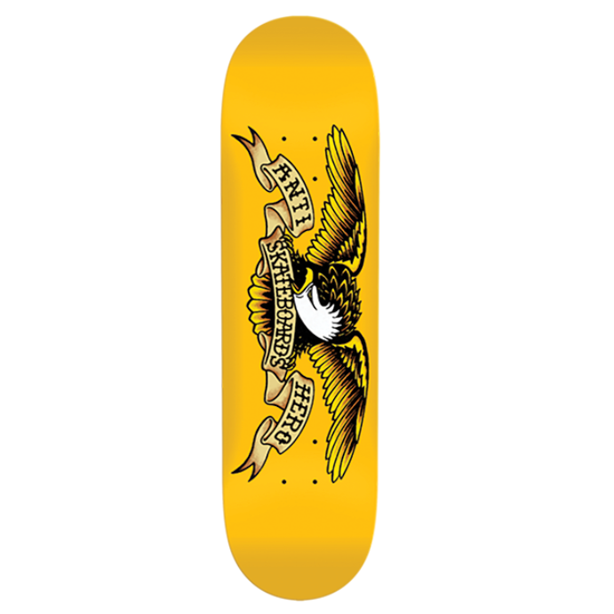 Yellow skateboard deck with an eagle design on a white background