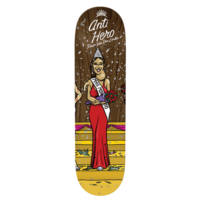 Skateboard deck with a design of a person in a red dress and tiara, standing on a yellow platform.