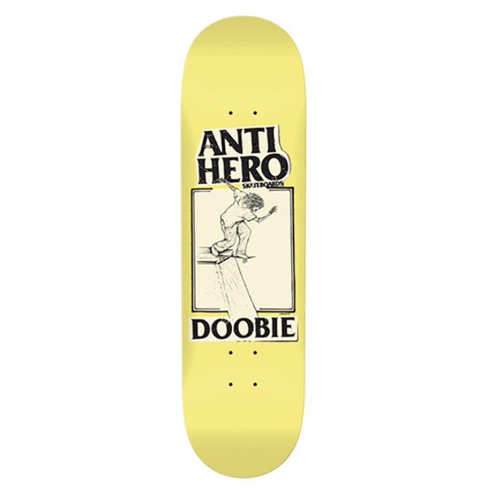 Yellow skateboard deck with 'Anti Hero' and 'Doobie' branding on a white background