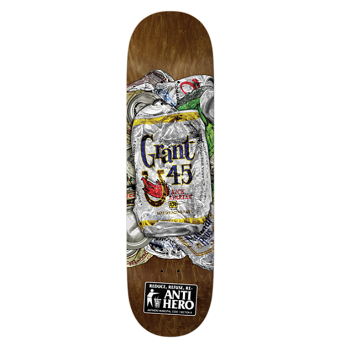 Skateboard deck with a graphic design on a white background