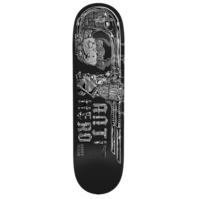 Skateboard deck with black and white design on a white background