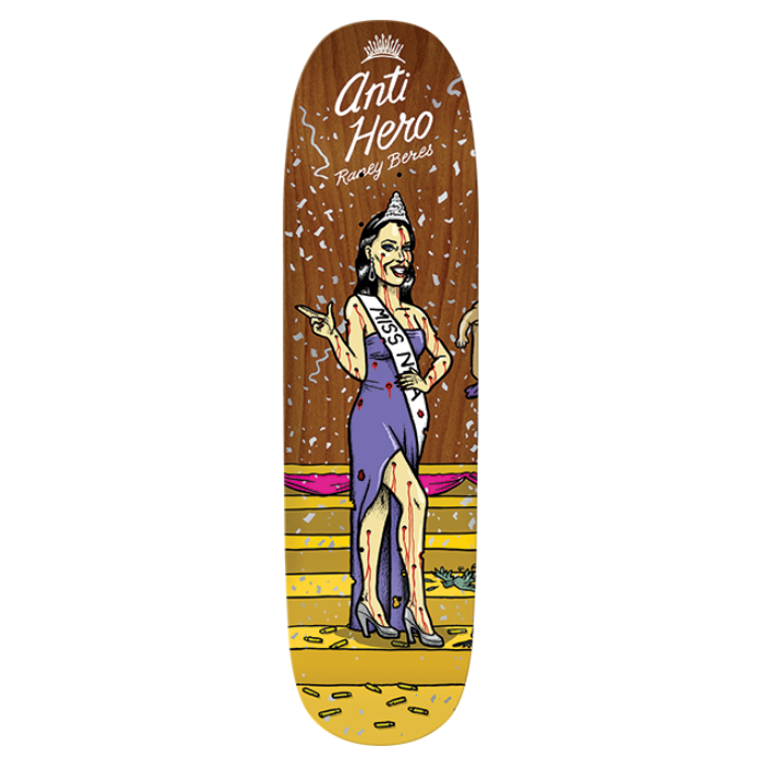Skateboard deck with a design of a person in a dress and tiara, labeled 'Anti Hero', on a white background.
