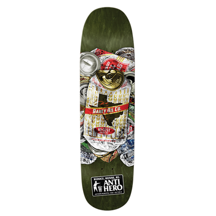 Skateboard deck with a colorful design and 'Anti Hero' branding on a white background