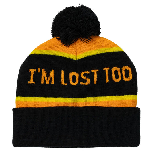 Black, orange, and yellow beanie with 'I'M LOST TOO' text on a white background