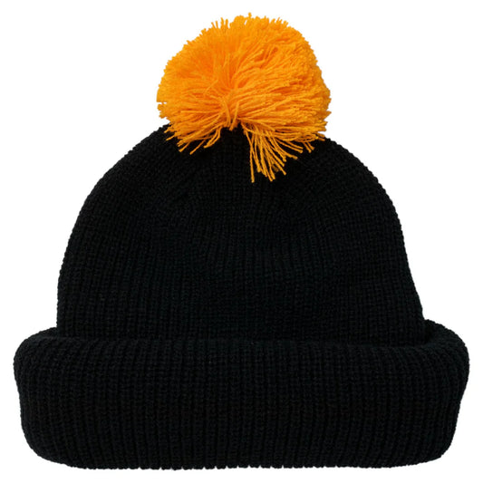 Black beanie with an orange pom-pom on a white background