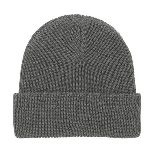 A dark gray ribbed knit beanie hat with a folded cuff, shown against a plain white background.