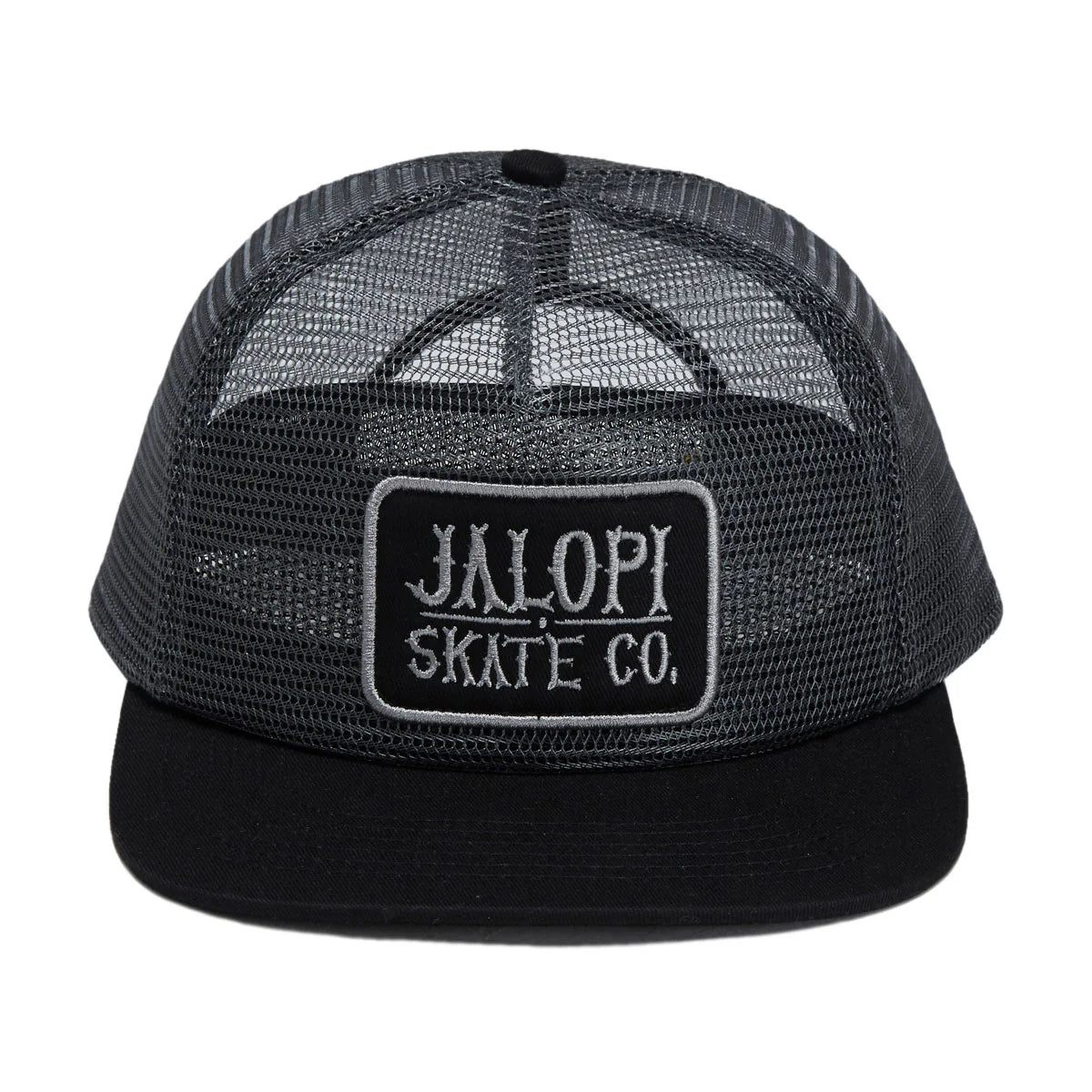 A black trucker hat with a black mesh back and a black flat brim, featuring a rectangular patch on the front with the text 'JALOPI SKATE CO.' in white.