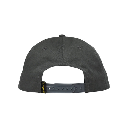 Gray cap with a brand logo on the back against a light gray background