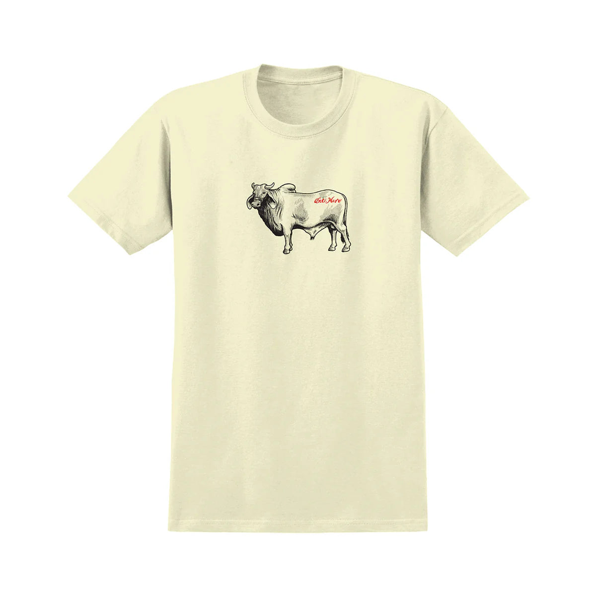 Beige t-shirt with a cow graphic on a white background