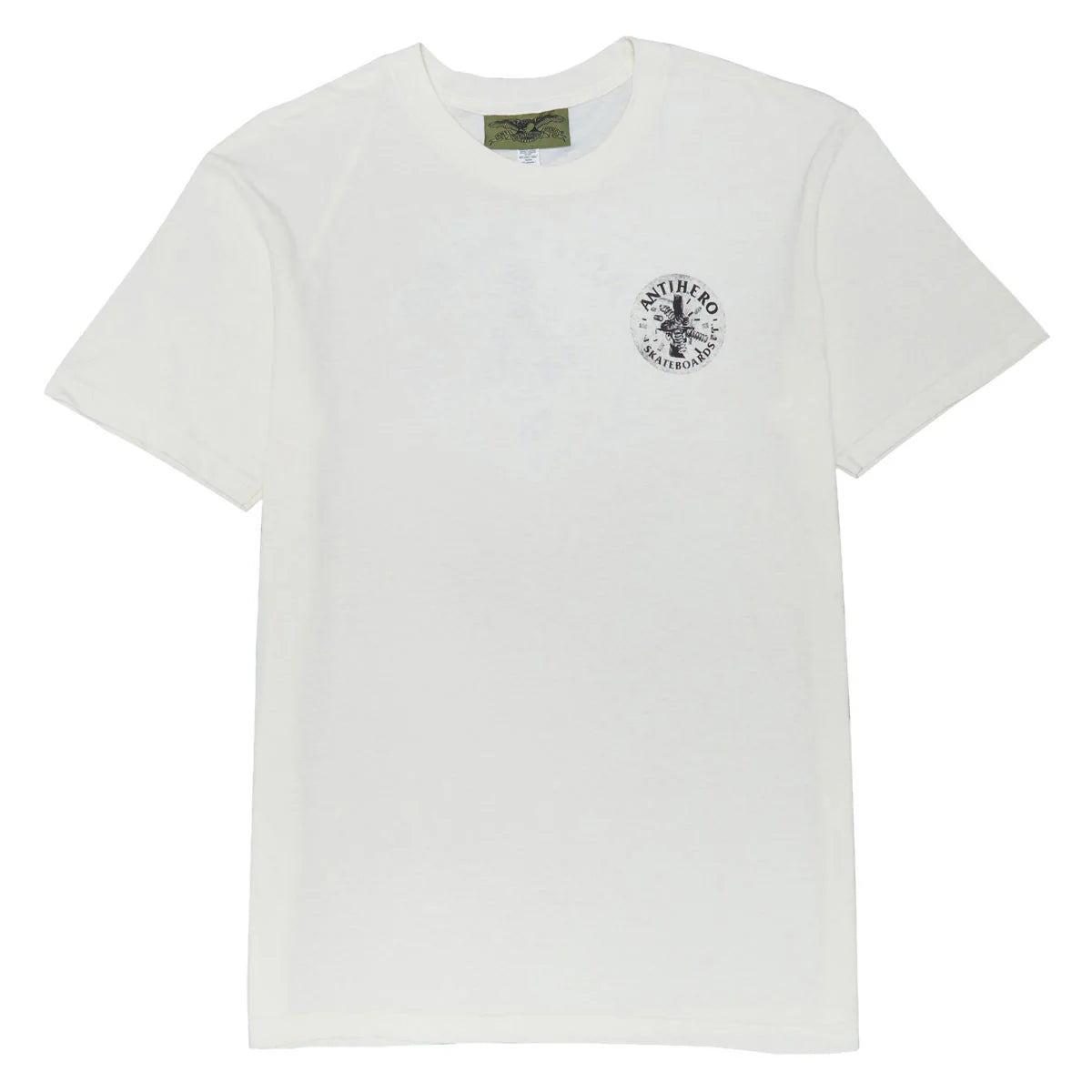 White t-shirt with a black logo on a white background