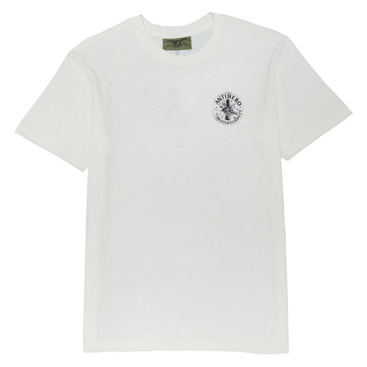 White t-shirt with a black logo on a white background