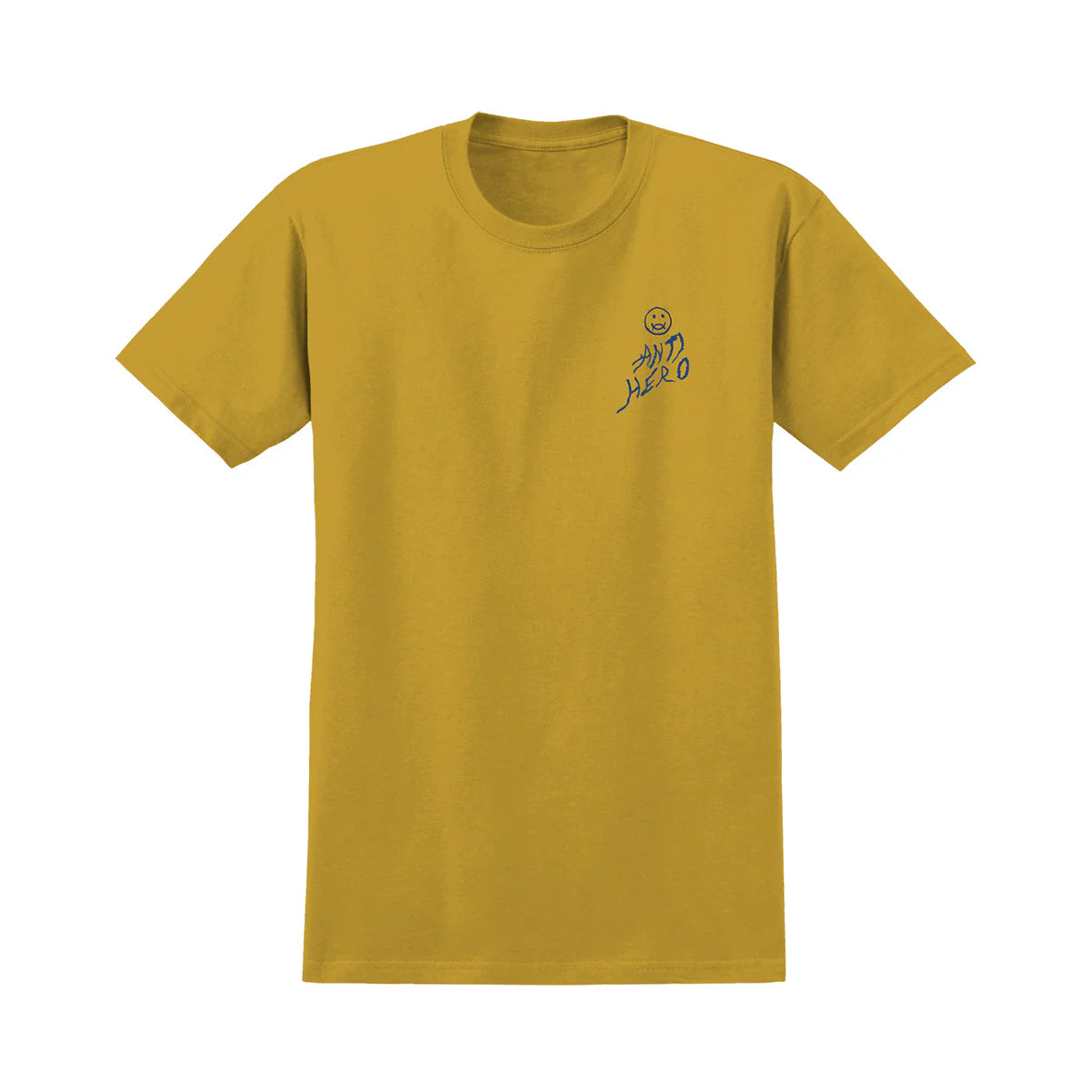 A mustard yellow short-sleeve crewneck t-shirt with a small dark blue graphic on the left chest, displayed against a solid white background.