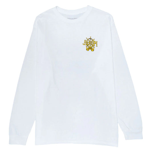 White long-sleeve shirt with a gold logo on a white background