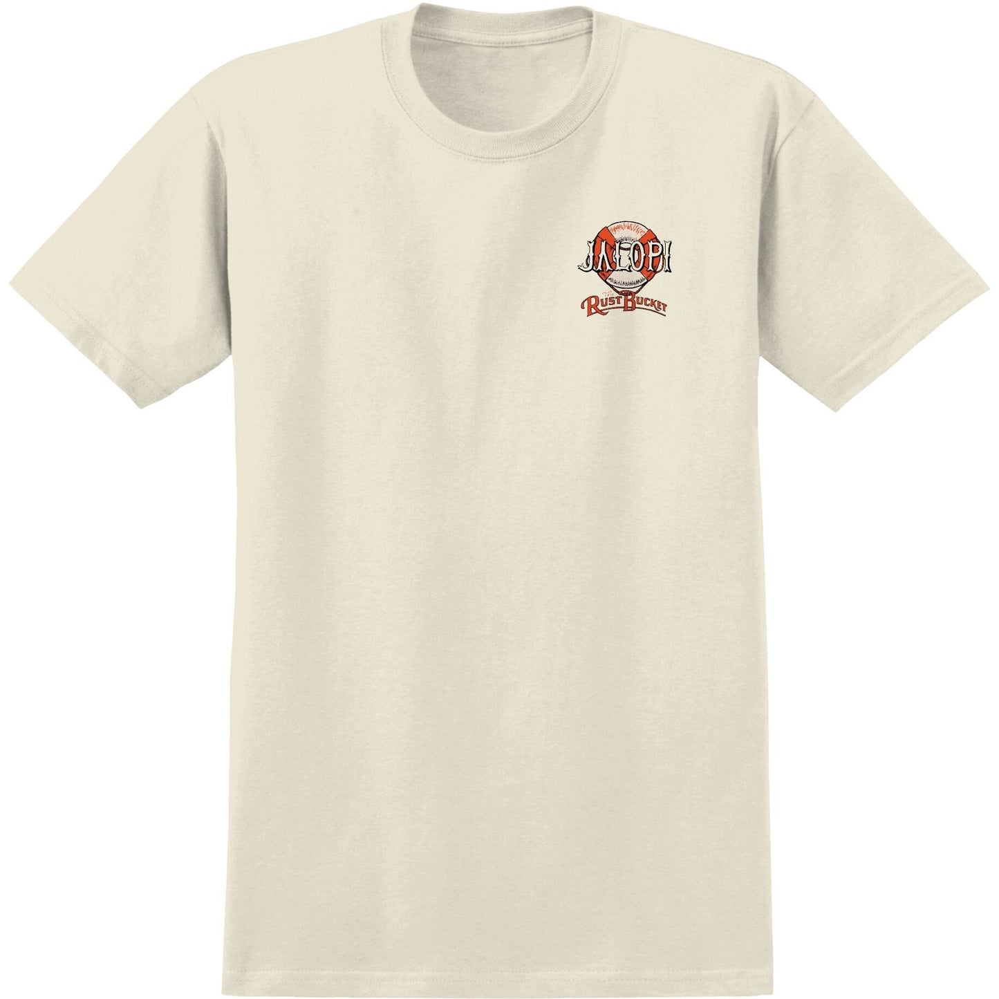 Beige t-shirt with a logo on the chest against a white background