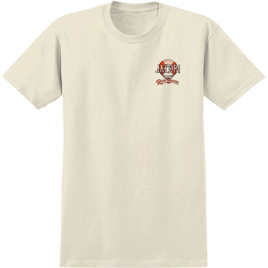 Beige t-shirt with a logo on the chest against a white background