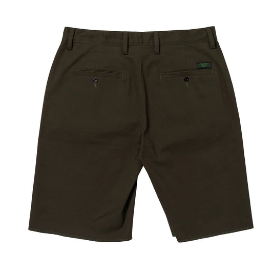 dark green shorts with a brand logo on a white background