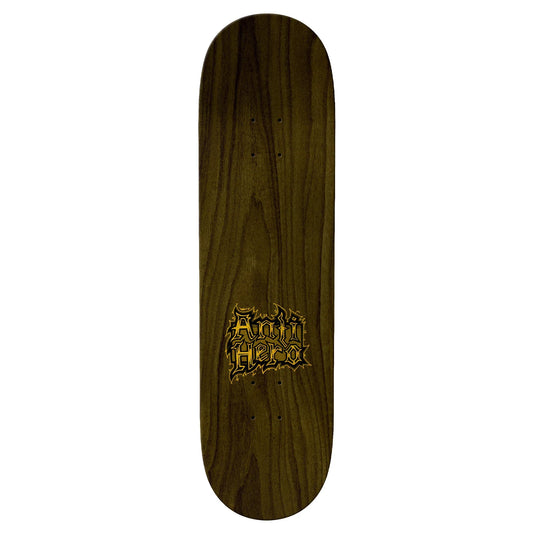 Wooden skateboard deck with a logo on a white background