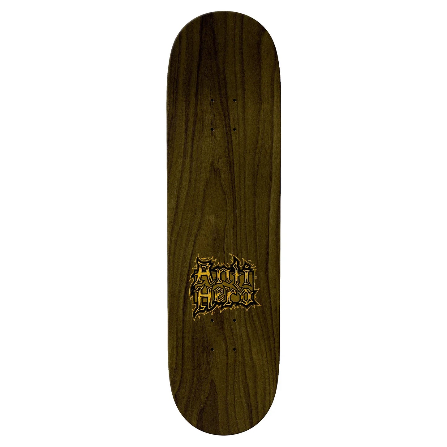 Wooden skateboard deck with a logo on a white background