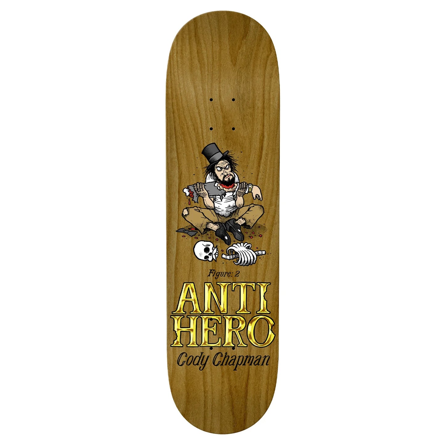 Wooden skateboard deck with a graphic of a character and 'Anti Hero' branding on a white background