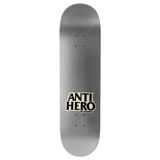 A silver skateboard deck with a black and white 'ANTI HERO' logo printed in the center, shown against a plain white background.