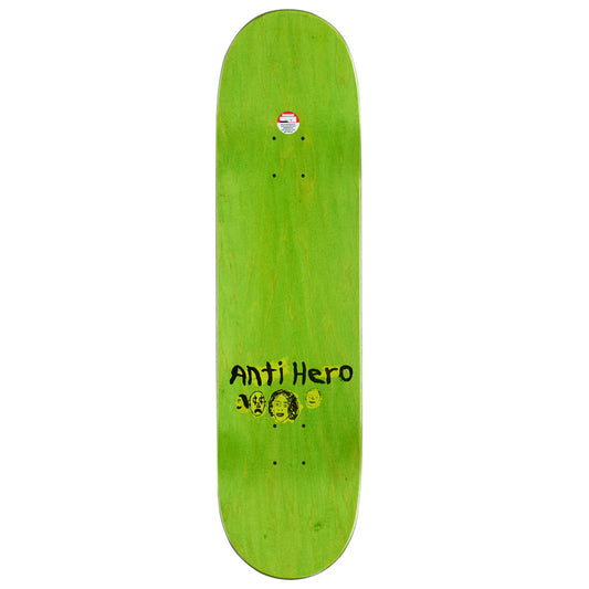 A bright lime green skateboard deck with 'Anti Hero' printed in black near the bottom, shown against a plain white background.