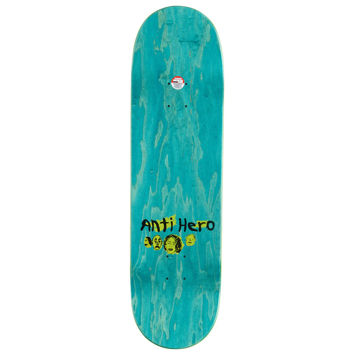 An Anti Hero skateboard deck featuring a vibrant turquoise and teal wood grain pattern with yellow and black graphic details near the bottom, shown against a plain white background.