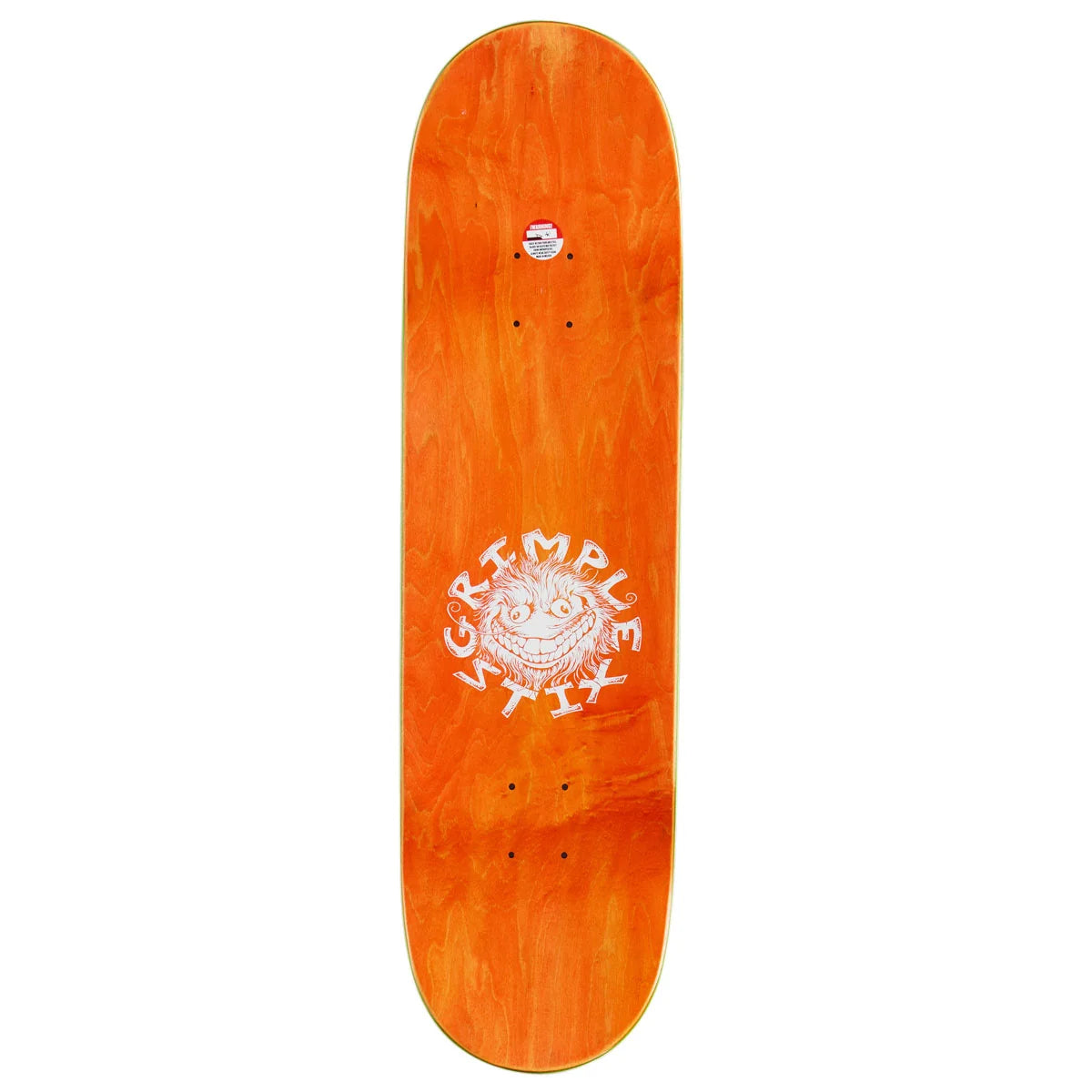 An orange maple skateboard deck with a white 'grimple stix' sun graphic in the center, shown vertically against a plain white background.