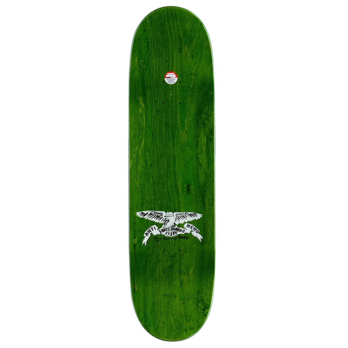 A green skateboard deck with a white graphic of a bird and the word 'SKELETAL' printed near the bottom, shown against a plain white background.