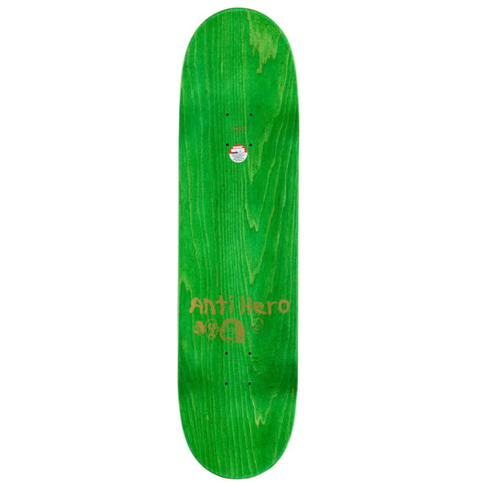 A green skateboard deck with a natural wood grain pattern and the 'Anti Hero' brand name printed in yellow near the bottom, shown against a plain white background.