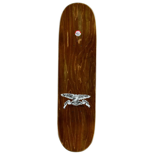 A skateboard deck with a glossy brown wood grain finish, featuring a white graphic of a flying eagle with a skateboard underneath, shown against a plain white background.