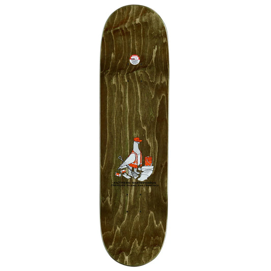 A skateboard deck with a dark brown wood grain finish, featuring a graphic of a white goose wearing an orange and white suit with a red hat, set against a plain white background.