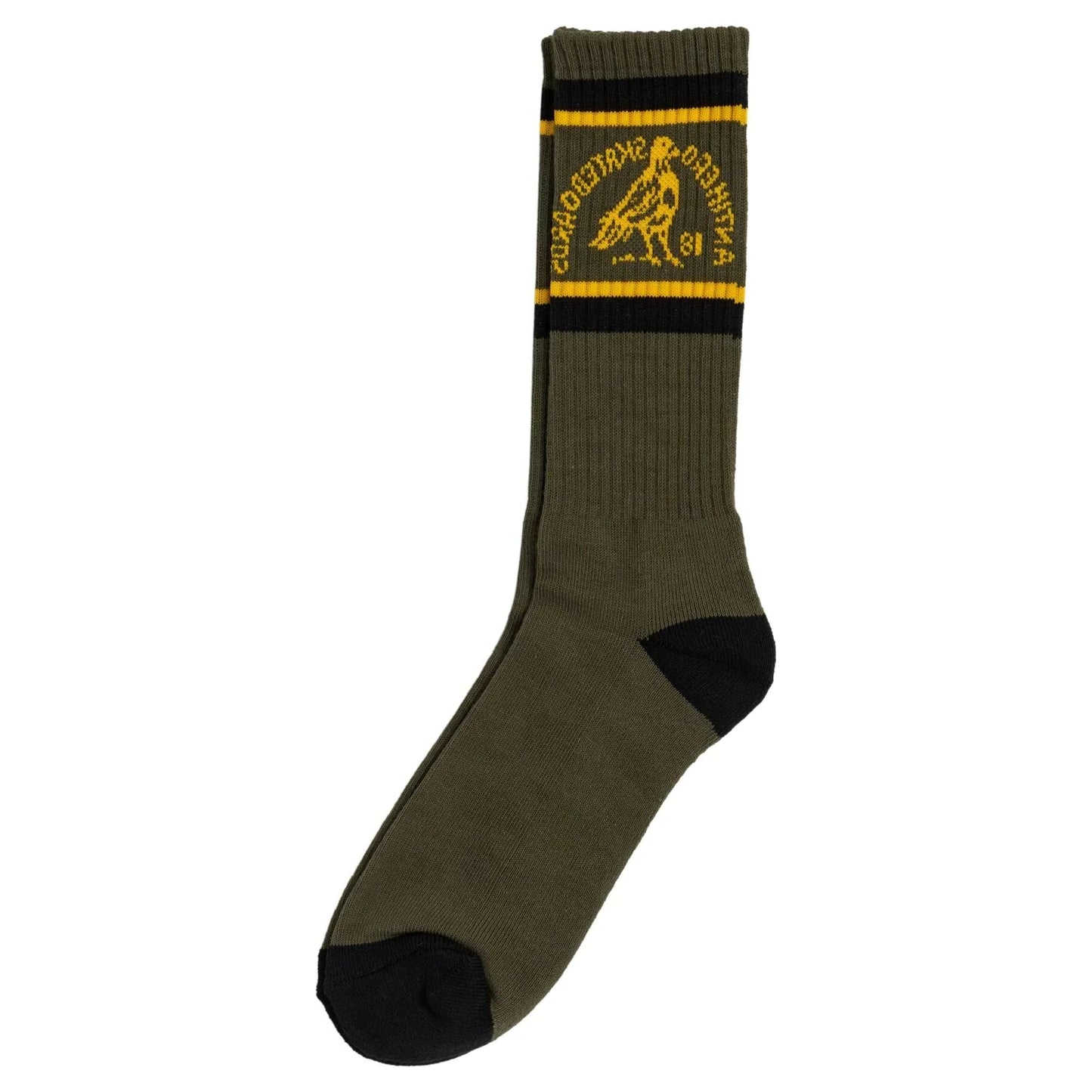 Green sock with yellow and black band featuring a logo on a white background
