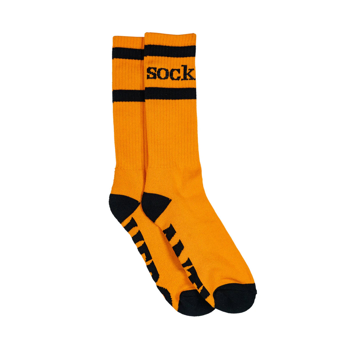Orange socks with black accents and 'sock' text on a white background