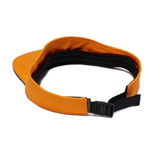 Orange visor with black strap on a white background