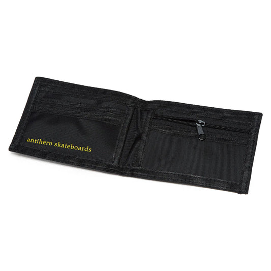 Black wallet with 'antihero skateboards' logo on a white background