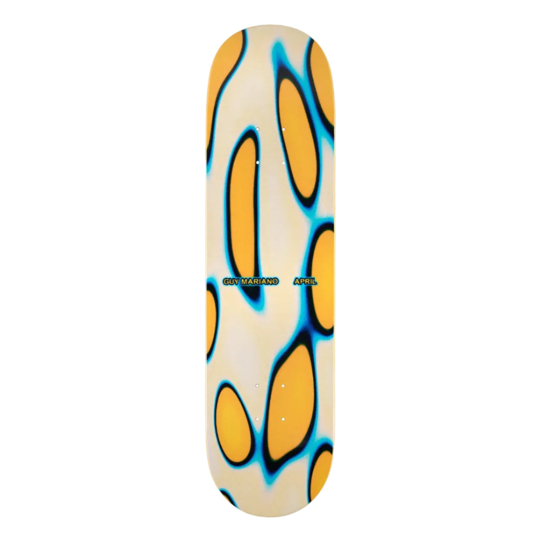 Skateboard deck with orange and blue abstract design on a white background