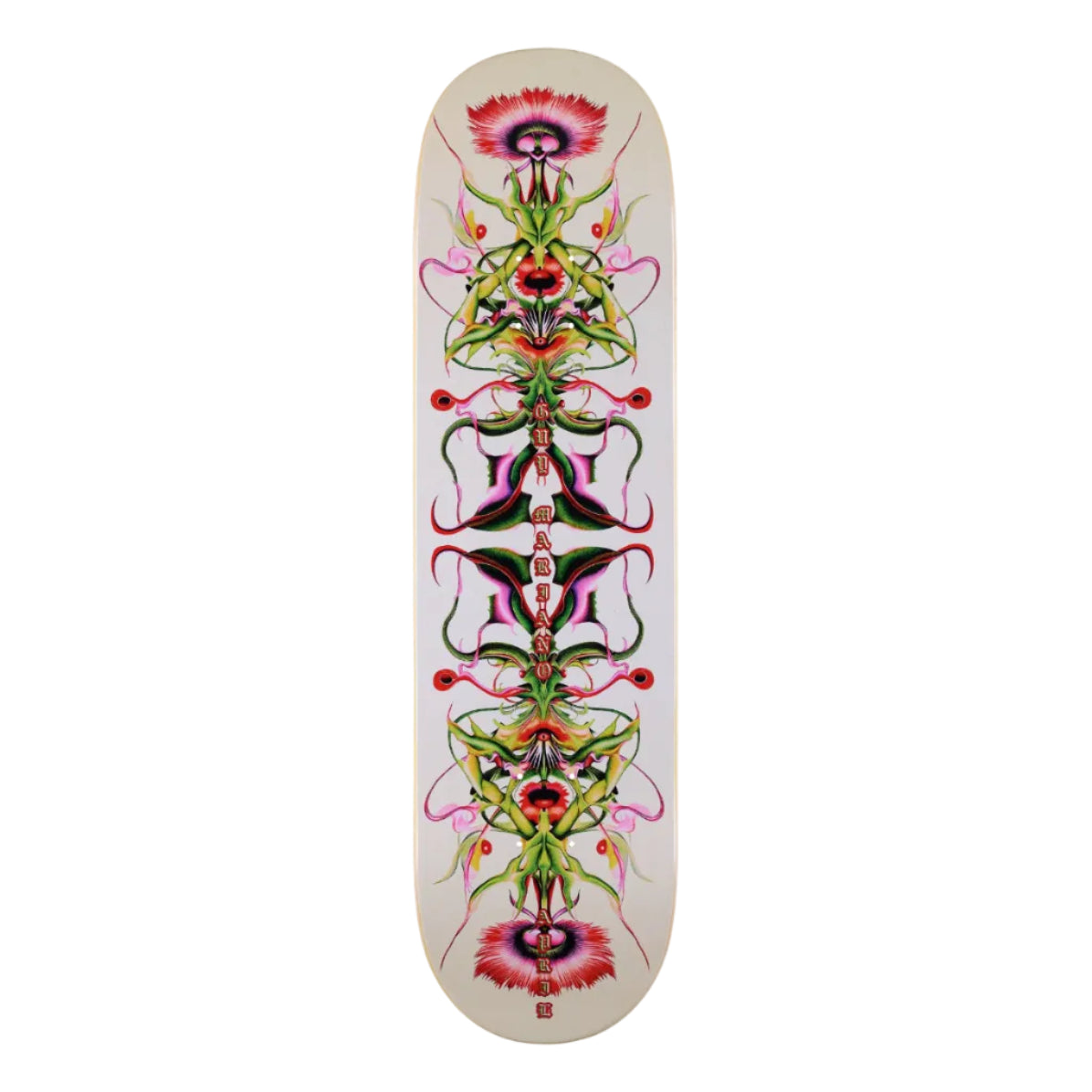 A skateboard deck with a cream-colored base featuring a highly detailed, symmetrical psychedelic floral and tribal graphic in vibrant pink, green, red, and black.