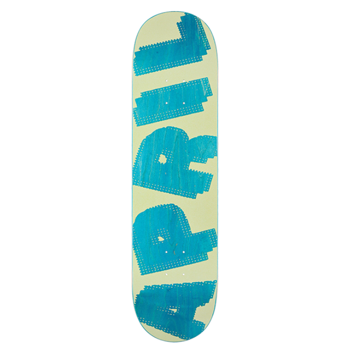 Skateboard deck with blue text on a light green background