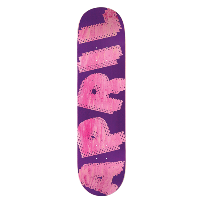 Purple skateboard deck with pink text on a white background